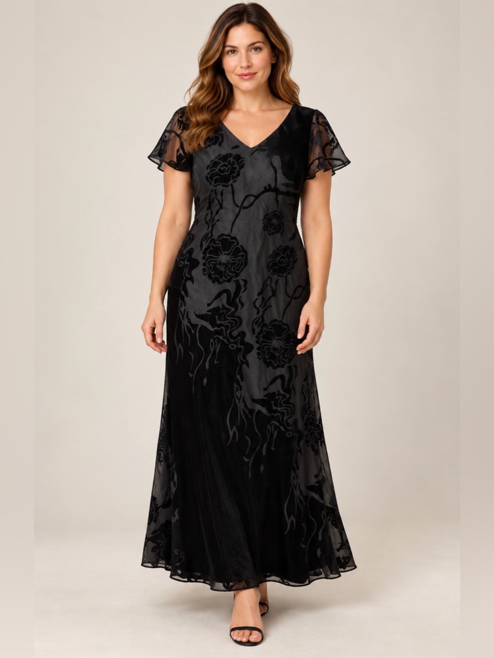 Donna Ricco Black Floral Velvet Flocked Maxi Dress Size 12